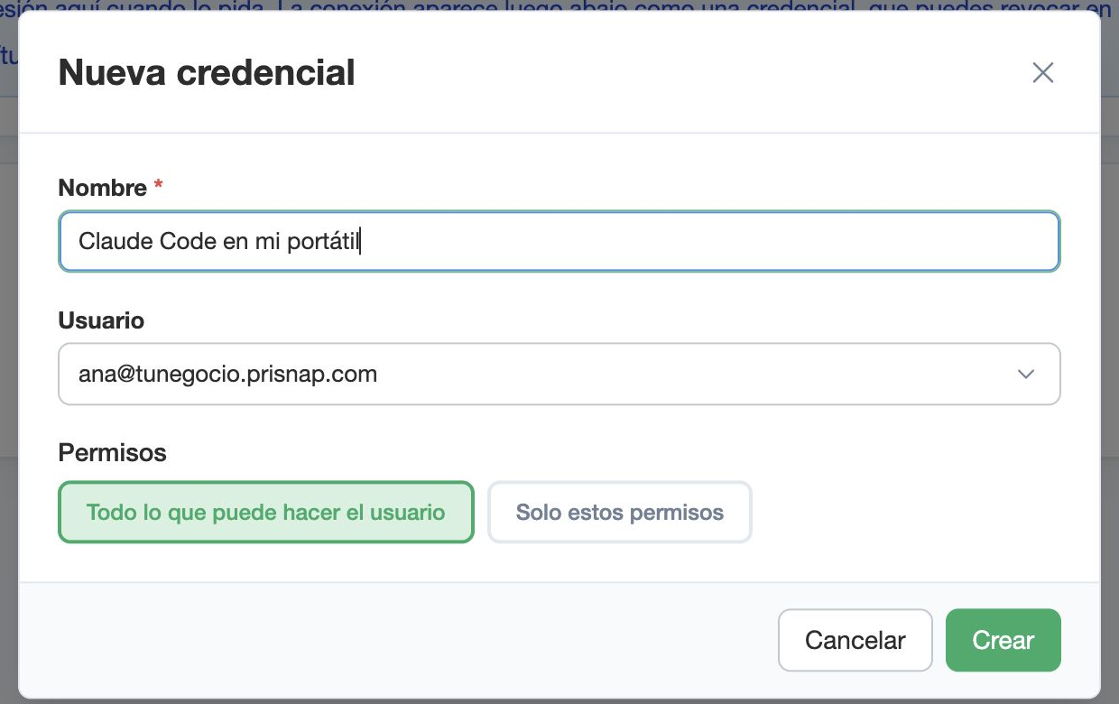El diálogo de nueva credencial: nombre, usuario y permisos