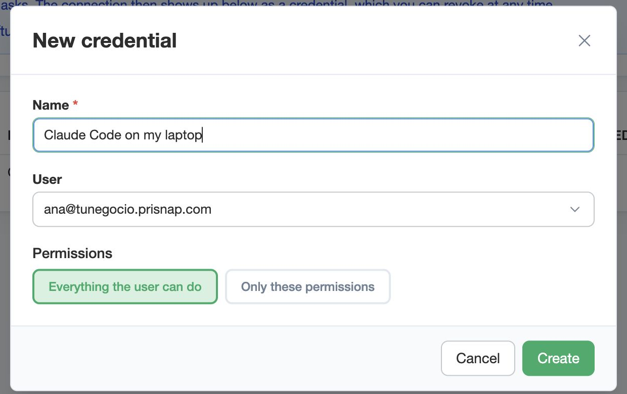 The new credential dialog: name, user and permissions
