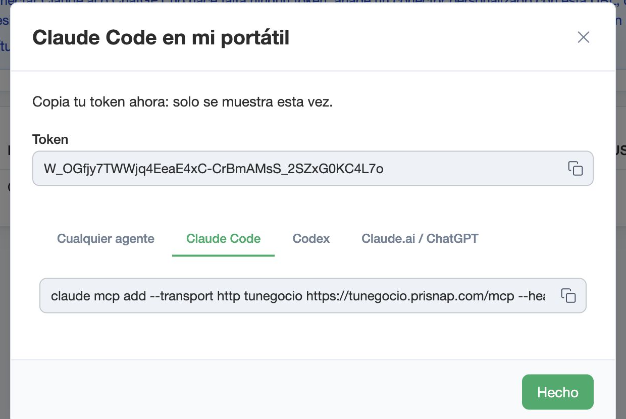 El token recién creado y el comando de Claude Code